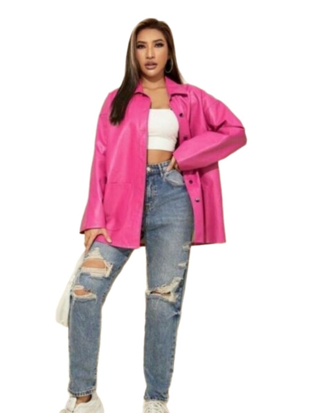 SHEIN Hot Pink Faux Leather Oversized Jacket, Size L